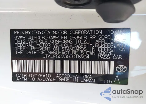 2016 Scion Tc из США, поврежденный, VIN JTKJF5C73GJ018904